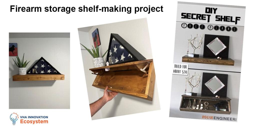 Three perspectives of safe gun storage project, one revealing hidden storage.