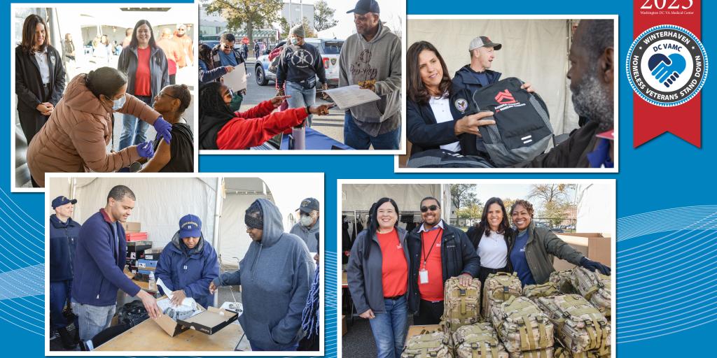 Blue background. Red ribbon on the right, upper hand side with "2023" on top followed by the the Winterhaven Homeless Veterans Stand Down logo. five outdoor images in collage form from this year's event. 1. one woman administering a vaccine to another with two bystanders. 2. registration line with four people 3. Deputy Secretary handing backpack to man with male bystander. 4. 5 people surrounding a shoe box with new shoes inside 5. four people lined up behind seven camo backpacks