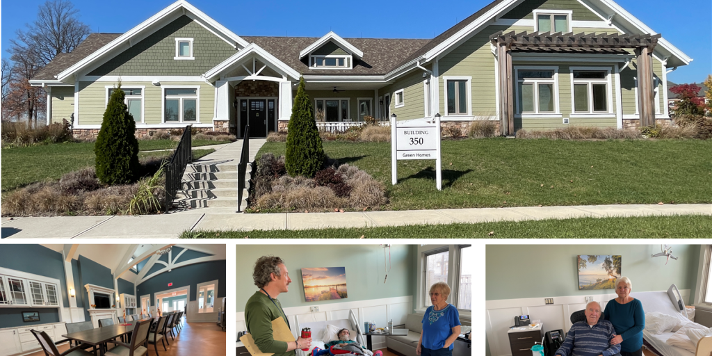 1. Front entrance of Victory Ridge facility at the Dayton VA Medical Center 2. A gathering space for Veterans 3. Joan Scott discusses care offered to her husband Paul with Hospice and Palliative Care Coordinator, Patrick Cook 4. Marion and Wilma Shupe enjoy time together at Victory Ridge
