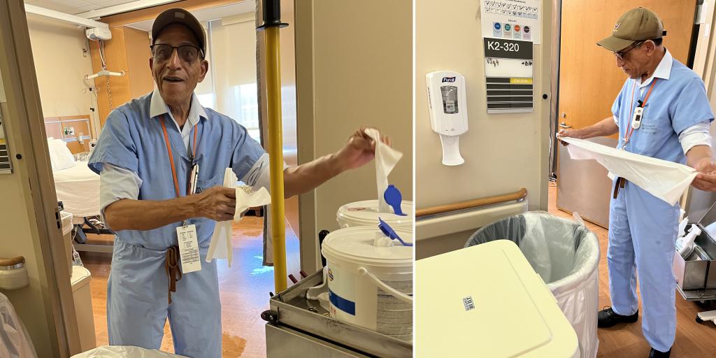 Two shots of same man in scrubs, using wipes and changing trash can liner.