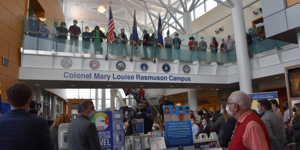 Veterans, employees, and dignitaries gathered in the atrium to celebrate the naming of the Alaska VA Clinic after Col. Mary Louise Rasmuson. (AVAHS) 