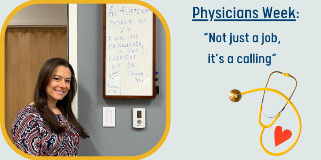 Dr. Sonja Kelleher stands next to a white board that states how awesome Dr. Kelleher is for her patients.