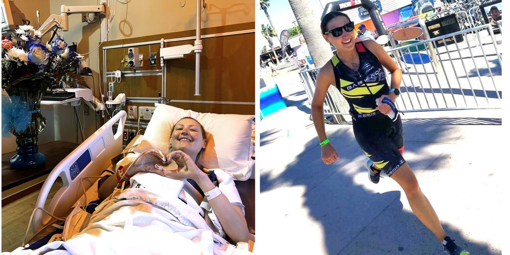 Two images of same woman. Lt: She smiles, lying in a hospital bed, making a heart with her hands. Rt: The woman, smiling, runs across a finish line.