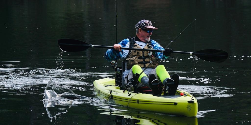 A veteran paddles his kayak while participating in a Heroes on the Water event, Feb. 17, 2024, in Meggett, South Carolina.
