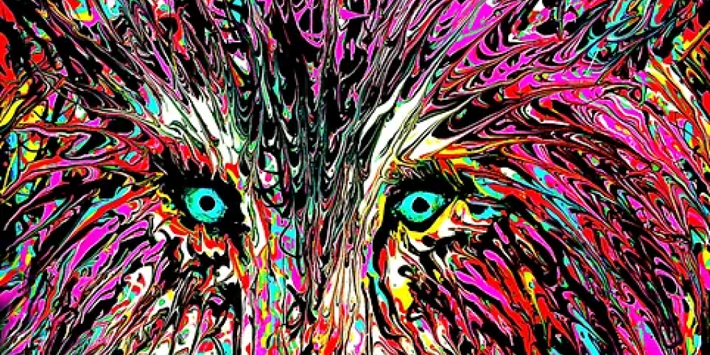 A painting of a wolf in many colors