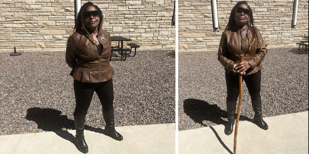 Two views of the same woman, standing confidently and also while holding a walking stick.