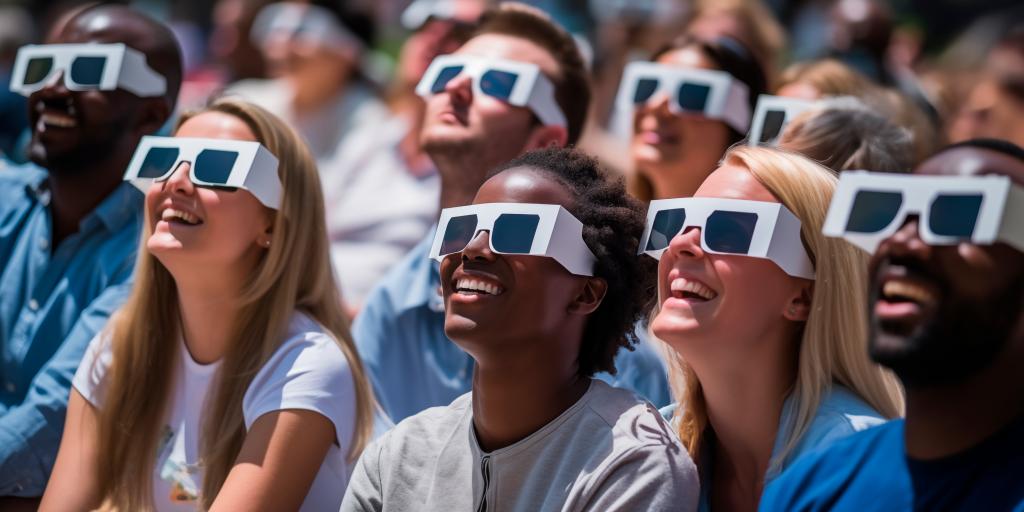 crowd safely viewing a solar eclipse with proper eyewear on