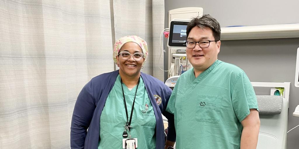 Shirley Hairston, RN, left, and Dr. Hoon B. Shim, MD, pose for a photo at the Kernersville VA Health Care Center in Kernersville, North Carolina.