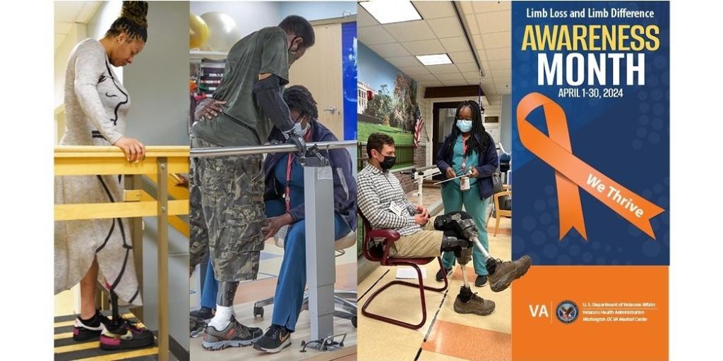 Limb Loss and Limb Difference Awareness Month April 1 - 30. Three Veterans performing rehab with prosthetics.