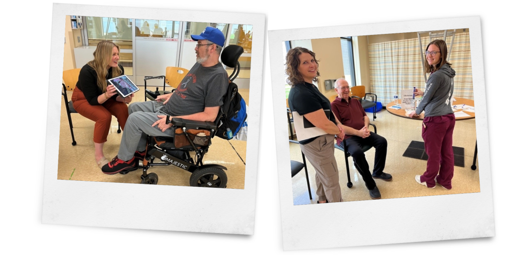 Left: person sitting in a chair showing a mobile device to a person sitting in a wheel chair. Right: three people, 1 sitting, talking