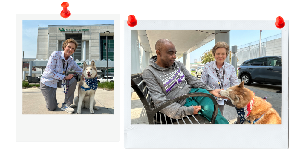 two images of a person with short hair and a dog