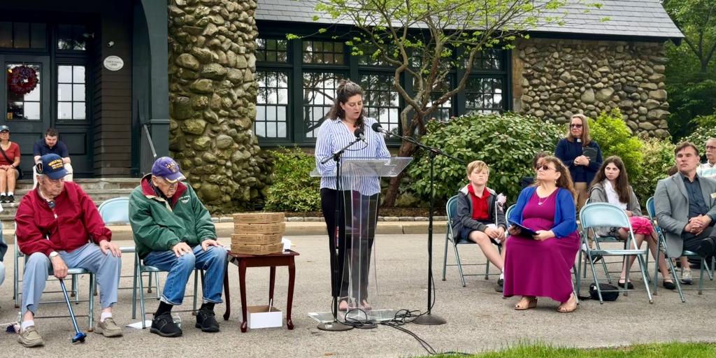 Dr. Lauren Schlanger delivers a speech during the Memorial Day Observance ceremony at the Barrington, RI town hall.
