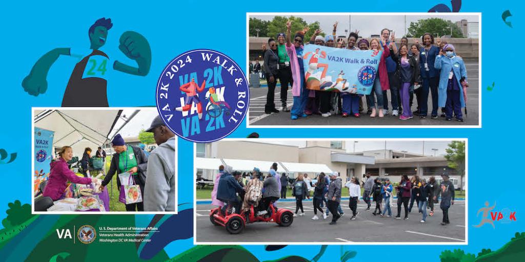 VA2K Walk & Roll logo with a collage of 3 photos of DC VAMC staff and Veteran participants riding a cycle, holding the event banner or with food.