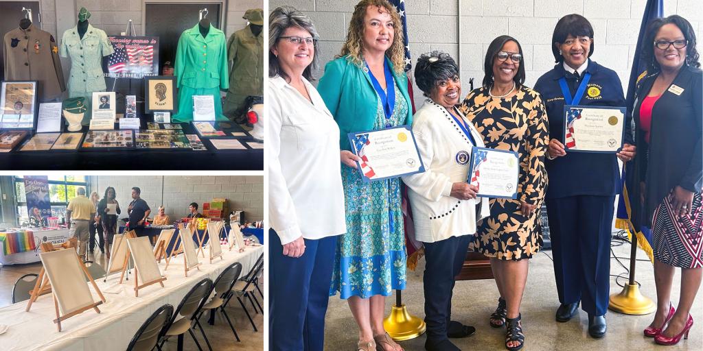 Women Veterans holding certificates, display of vintage military uniforms and table with empty canvases.