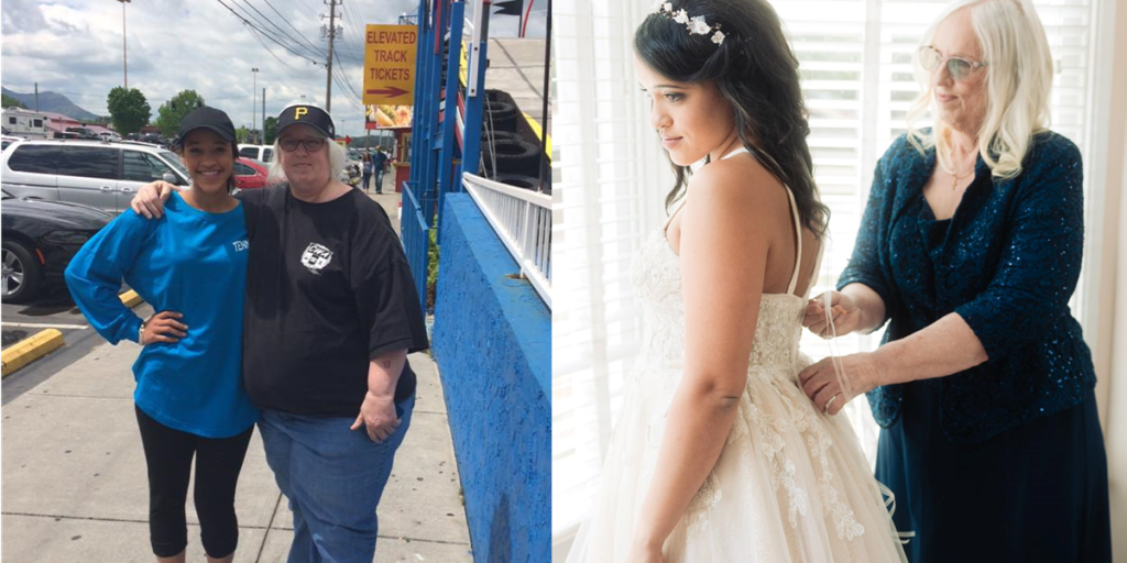 Pamela Merritt (right) with daughter Shamika White (left) before and after she lost 150 pounds since starting the MOVE!
