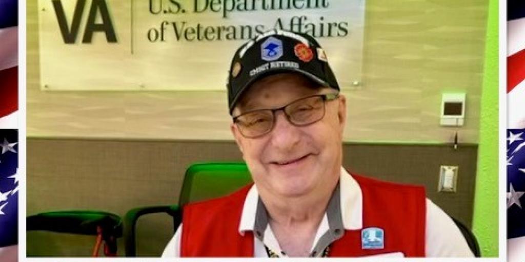 Three pictures of Doug, one showing Doug with his red volunteer vest, one of Doug in his Service Uniform, and one showing Doug's many volunteer pins