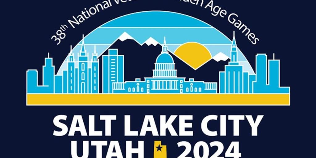 Mountains in front of a rising sun and skyline of Salt Lake City with 38th National Veterans Golden Age Games above 
