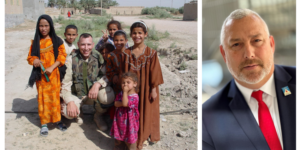 Dan Buttery with Iraqi children in 2003-04, and a current portrait of him.