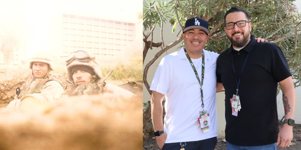 Two men posing in two different situations, one during their time in the military and the other during the current day.