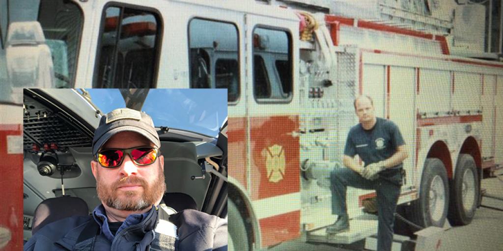 U.S. Air Force Veteran Lloyd J. Wallace next to a fire truck. In the front is Wallace in a helicopter when he is older. 