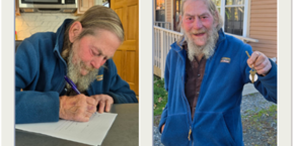 Veteran completes apartment rental application and later gets keys to his new home. 