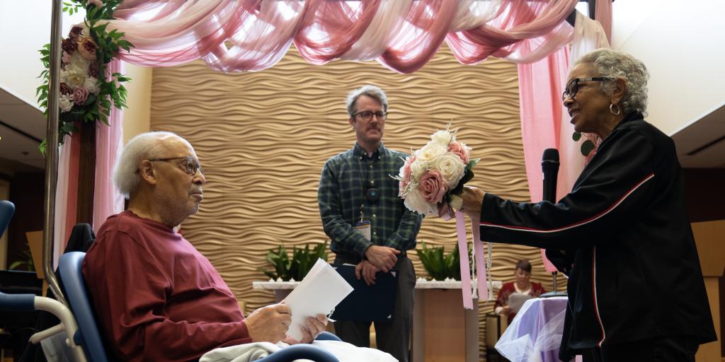 Veterans participate in a Valentine's Day vow renewal Ceremony during National Salute to Veteran Patients Week at the Cleveland VA Medical Center.