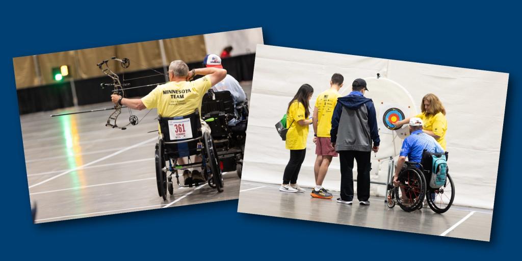 Veterans from the Minnesota wheelchair team taking aim with their bows.