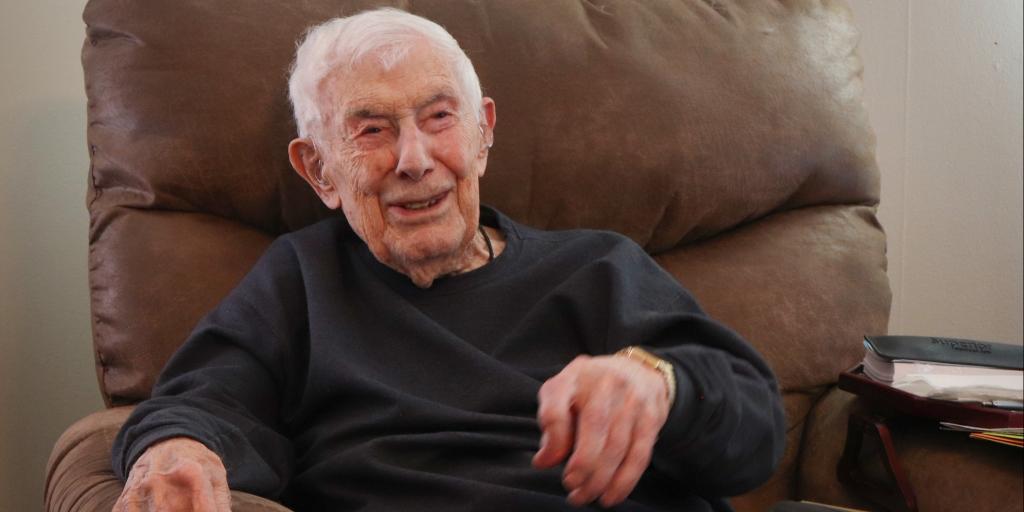 100 Year Old Navy Veteran Emerson Pell Smiling in his Waynesboro, Virginia home