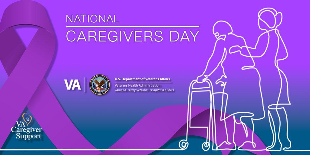 National Caregivers Day graphic with purple ribbon and line art