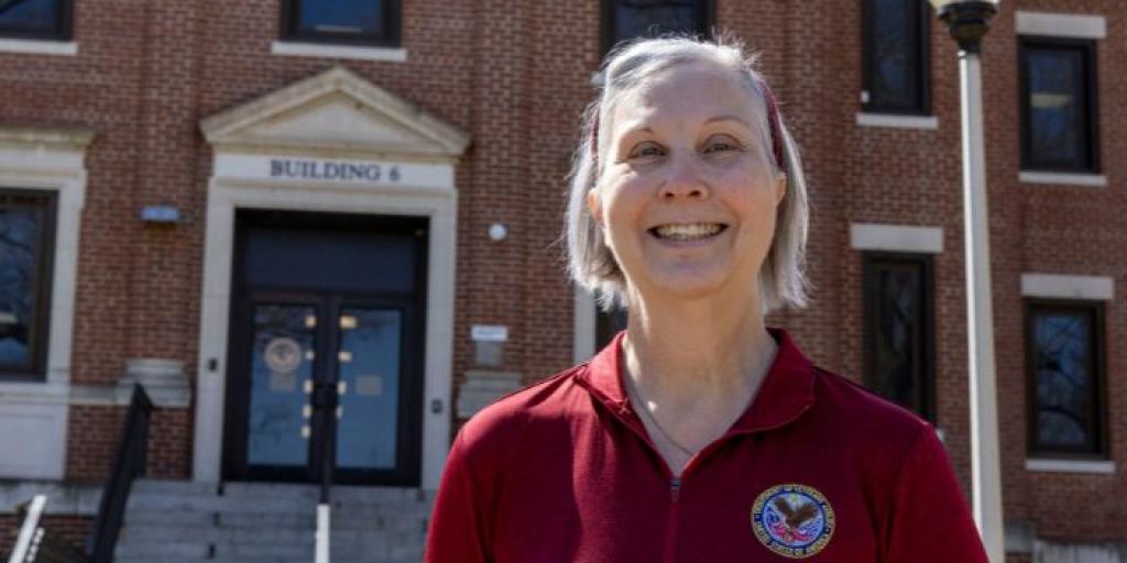 Regina Paden poses in front of building 6 at Alvin C. York VA Medical Center after her interview on her feature story.