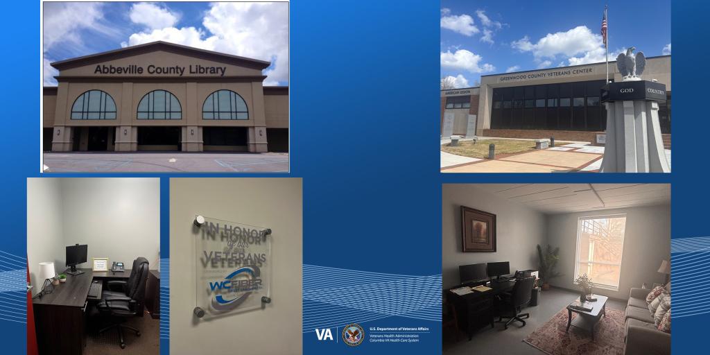 Left Side of image features photos of the Abbeville Library and interior photos of ATLAS room. Right side features Greenwood Veteran Center and ATLAS. 