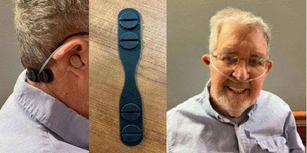 Veteran patient models the new silicone band to aid secure oxygen cannula use.