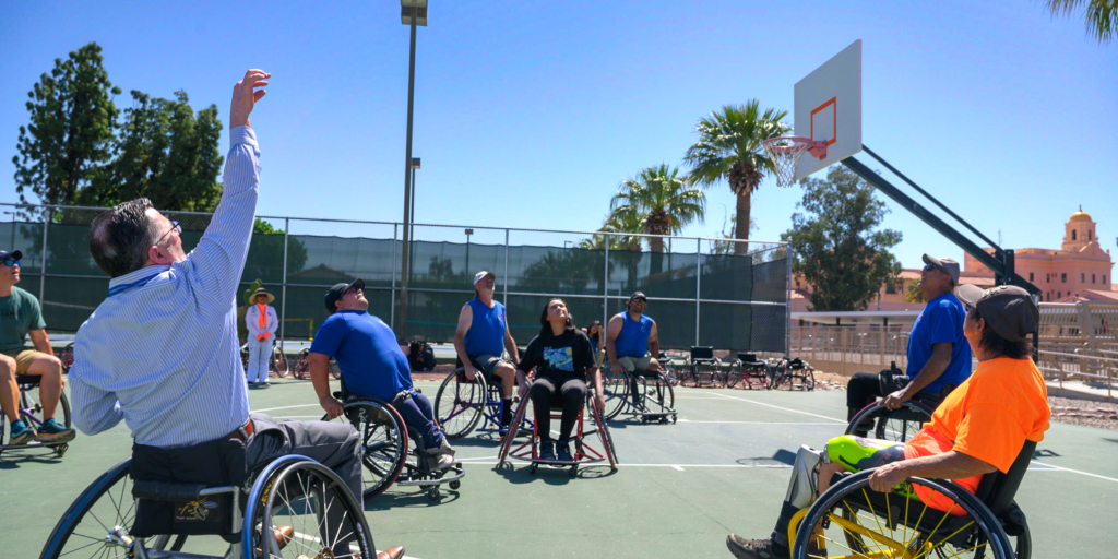 Veterans and VA Staff playing adaptive basketball at the Tucson VA sport park, April 9 at the adaptive sports clinic.