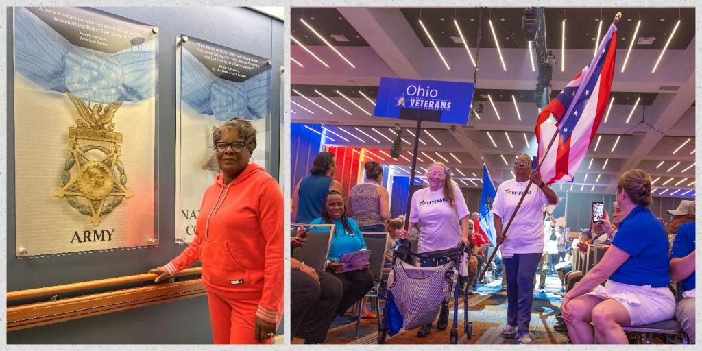 Shannon Davis, US Army Veteran (left) and (right) carrying the Ohio state flag into the opening ceremony of the 2025 National Golden Age Games.