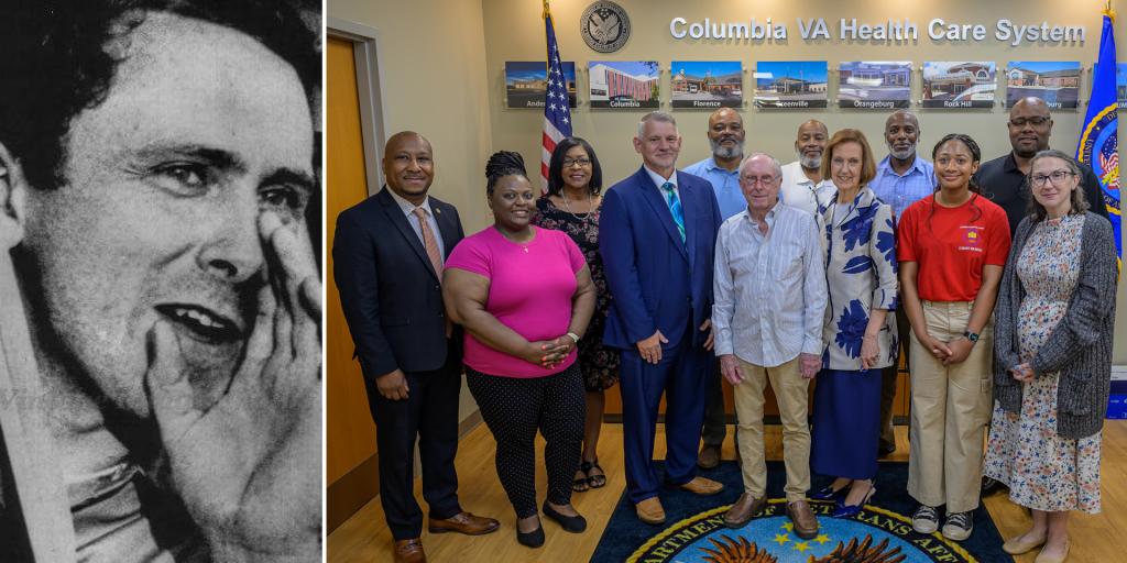 Columbia VA Health Care System staff welcomes Newcomb during a visit to the Wm. Jennings Bryan Dorn VA Medical Center. (Photo by Scott Perez)