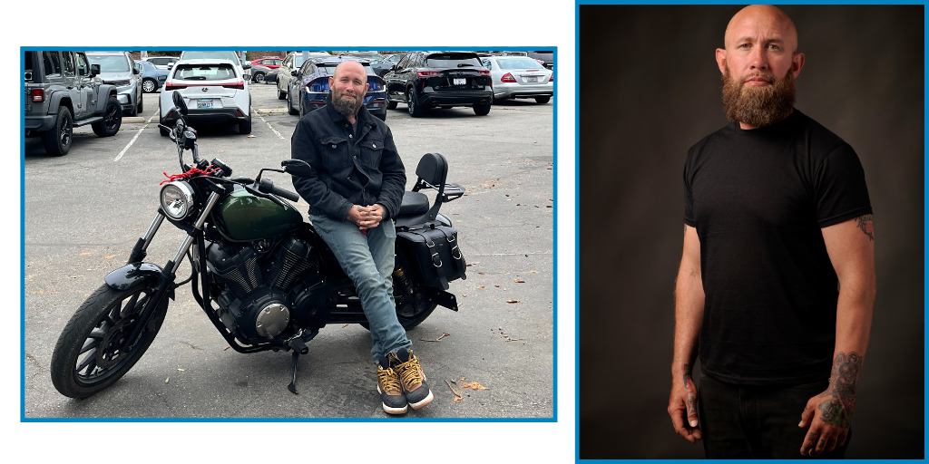 In first image, Rob is leaning on his motorcycle. In the next image Rob is standing at a slight angle while wearing black with a black background.