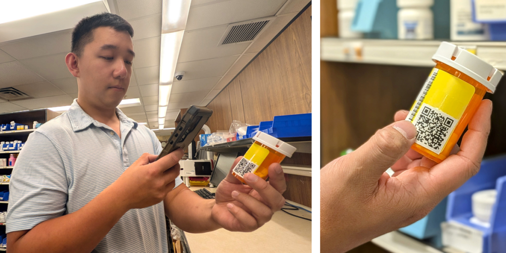 Man holding prescription bottle, scanning QR code. Close-up of bottle.
