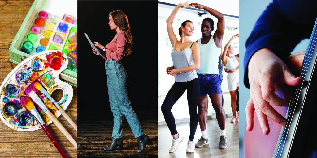 palate of paint, woman reading script, two ballet dancer, and a cello player