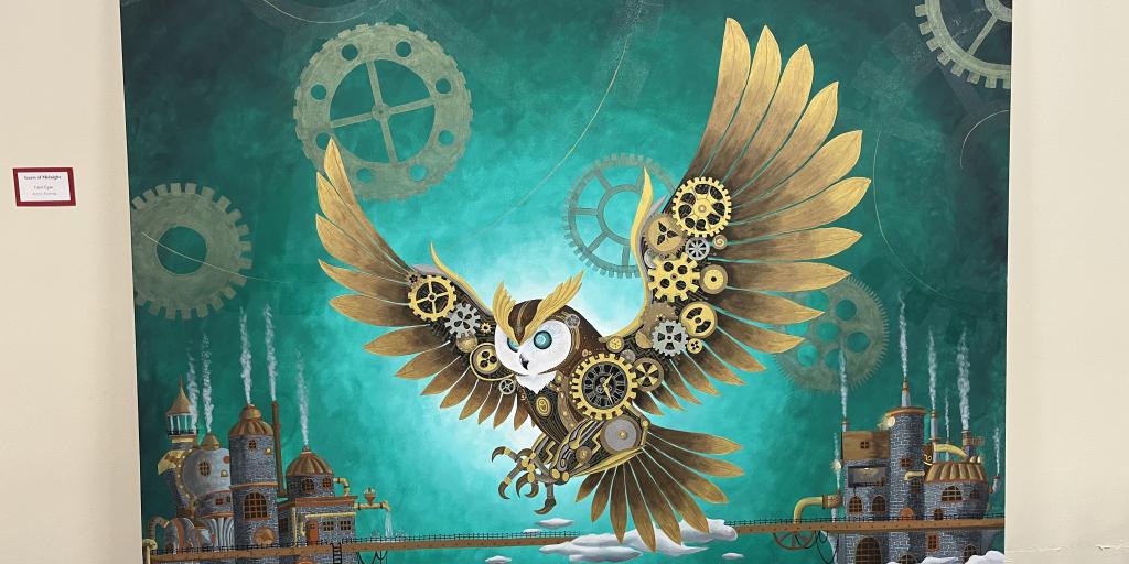 An impressive acrylic painting called "Gears of Midnight" created by Veteran artist Carol Egan. 