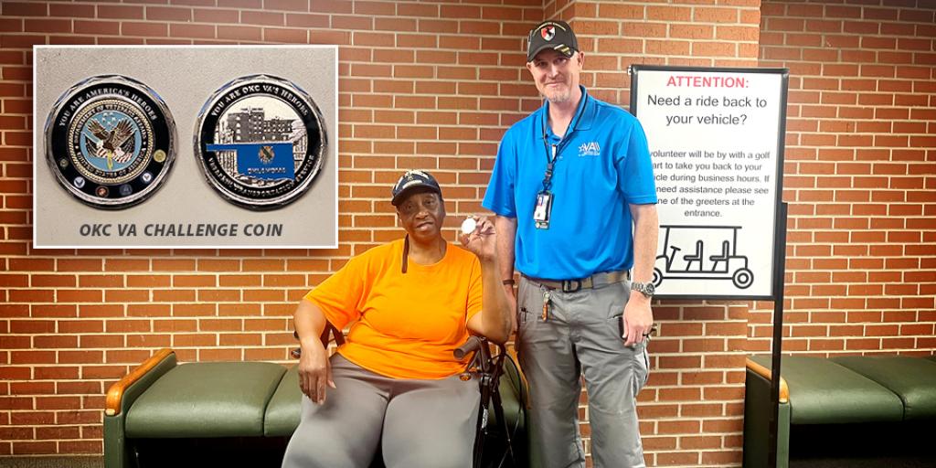 Richard Edwards hands a challenge coin to Air Force Veteran Kathy Register at Oklahoma City VA Medical Center.