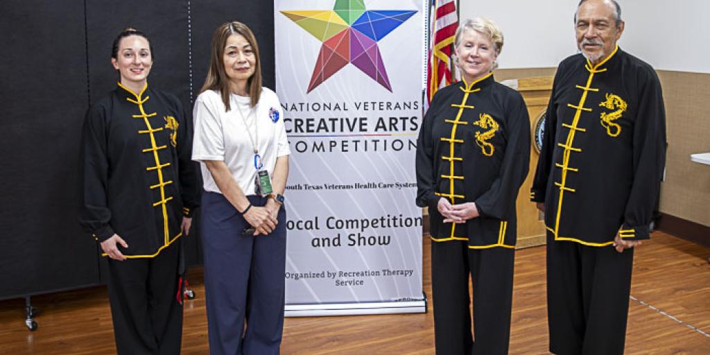 Members of the Tai Chi Group pose gather for a photo. From left: Mariah Lopez, Tomoyo Tillman (Tai Chi instructor), Margaret Larrea, and Robert Garza.