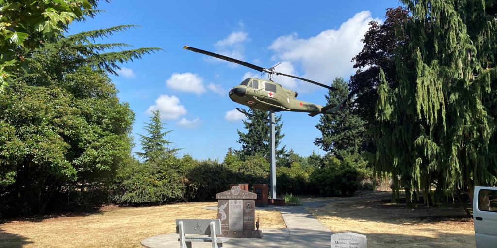 Lady Bell, a UH-1B helicopter, displayed at the VA's Vancouver campus