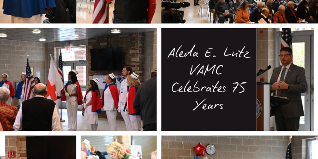 A speaker at a podium and a nurse honor guard holding flags.
