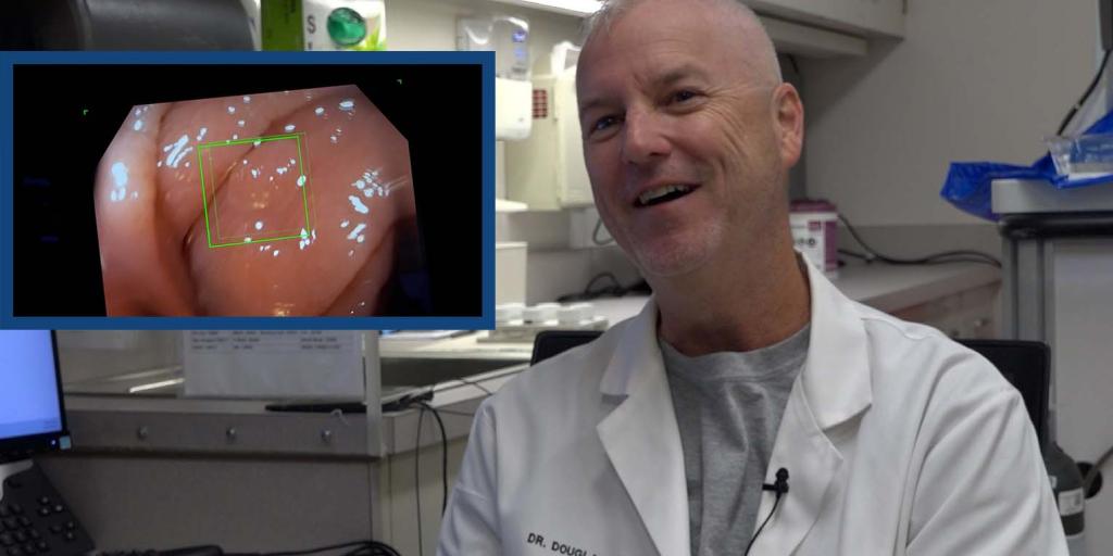 Gastroenterologist Dr. Douglas Boyce, with a screenshot of AI being used in a colonoscopy.