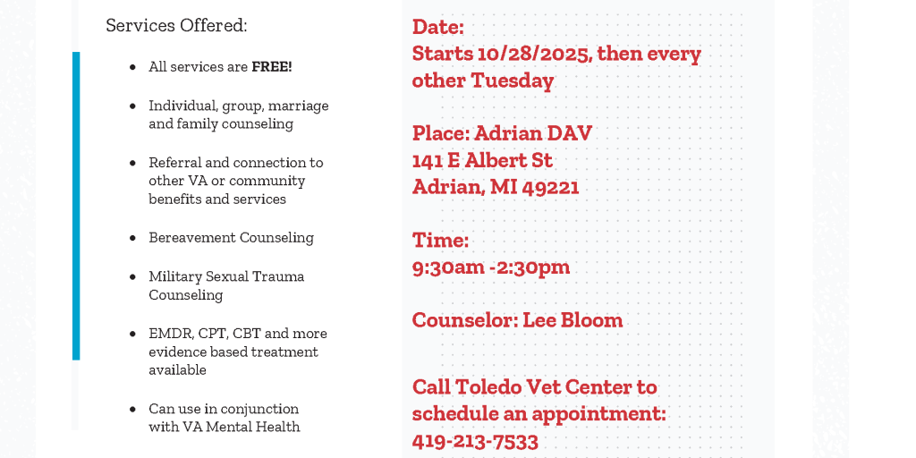 Vet Center flyer, new CAP site at the DAV office in Adrian, MI.