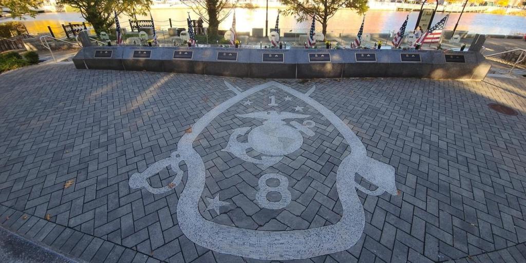 The 1st Battalion 8th Marines (1/8) Logo built into the Rhode Island Nine Memorial.