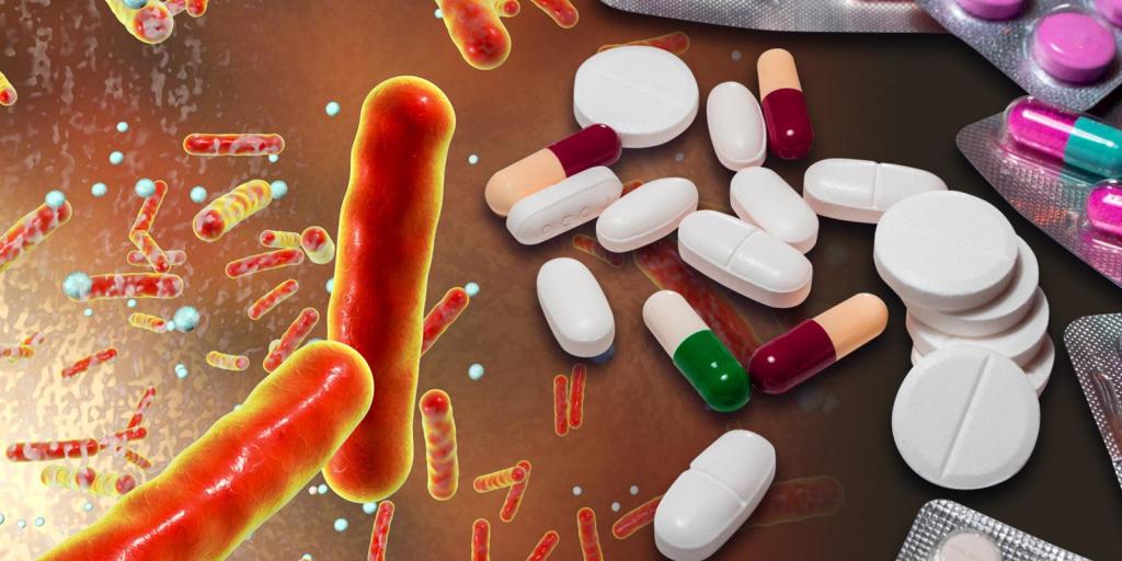 Bacteria and medications shown together as part of antibiotic education