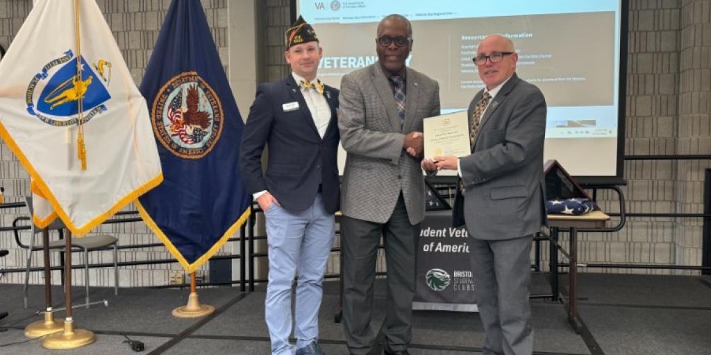 VA Providence Director Lawrence Connell (Right) presents Dr. Sedgwick Harris (Middle) with a Certificate from VA Secretary Doug Collins.