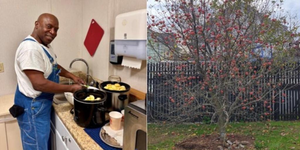 U.S. Army Veteran Daymon Jones making apple sauce from apples he harvested from the VA Providence HPACT community garden.