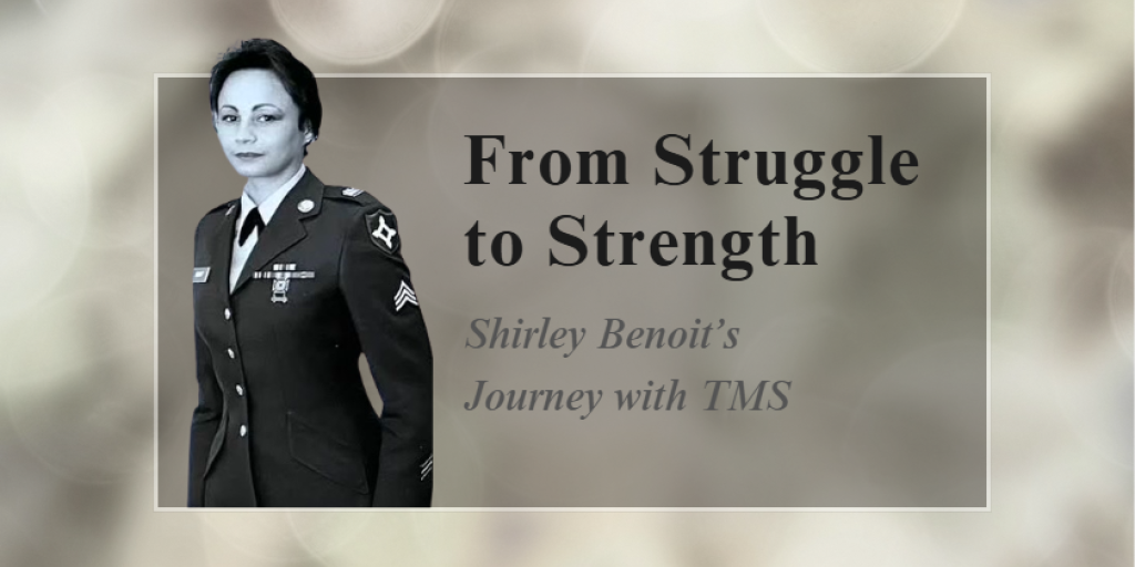 Black and white portrait of Shirley Benoit softly smiling in a professional military outfit with words next to her that say from struggle to strength